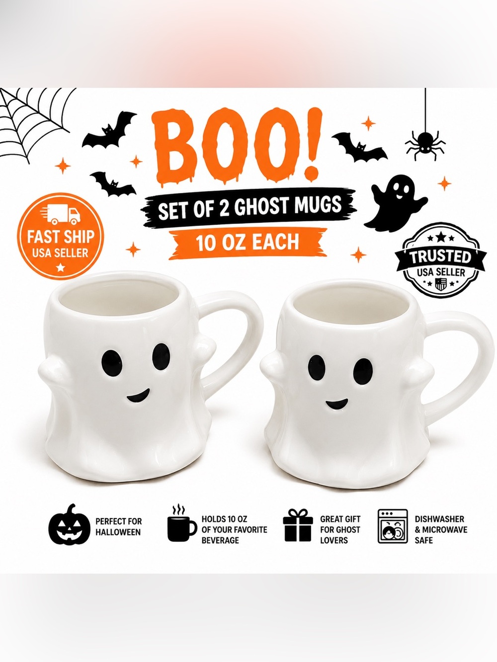 Stoneware Halloween 2021 Ghost Mug Set of 2 Threshold Target 10oz New Boo Cups - Picture 1 of 13